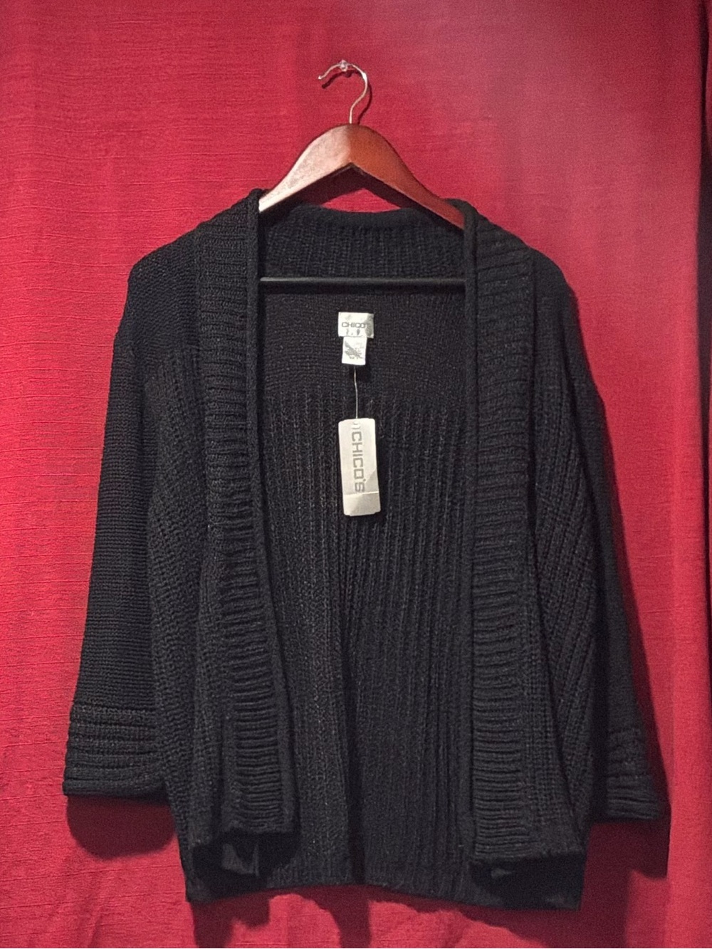 Chico's Black Open Cardigan with Ribbed Trim